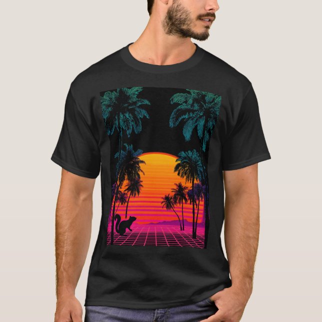 Camiseta Vaporwave Sunset Palms – Neon Squirrel Gridscape (Frente)