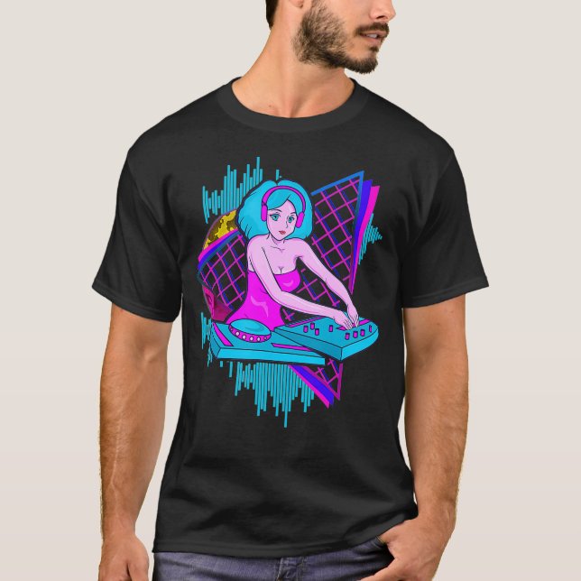 Camiseta Vaporwave Synthwave DJ Girl das décadas de 1980 e  (Frente)