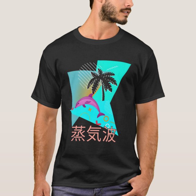 Camiseta Vaporwave Synthwave Dolphin Ocean Kanjis (Frente)