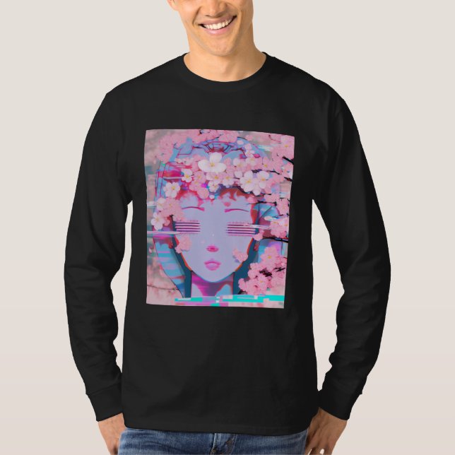 Camiseta Vaporwave Synthwave Retrowave Glitch Flor de Cerej (Frente)