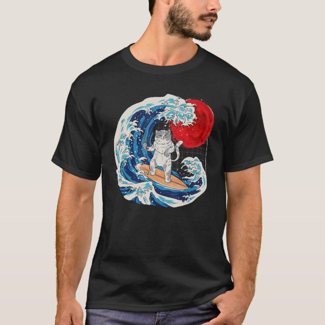Camiseta Vaporwave The Japanese Neko Great Cat Wave Sushi R (Frente)