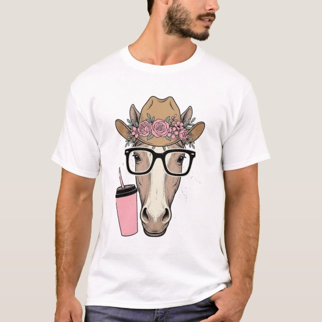 Camiseta Vaqueira Antiga Cavalo Com Flores e Bebida Rosa (Frente)