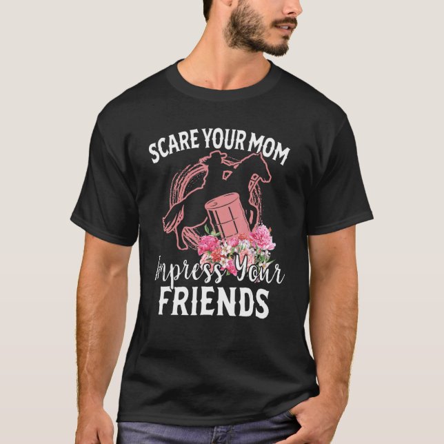 Camiseta Vaqueira de Barril de Corrida Assustar a Mãe Impre (Frente)
