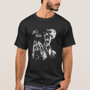 Camiseta Vaqueira Montando Cavalo, Estilo Western Preto Esc