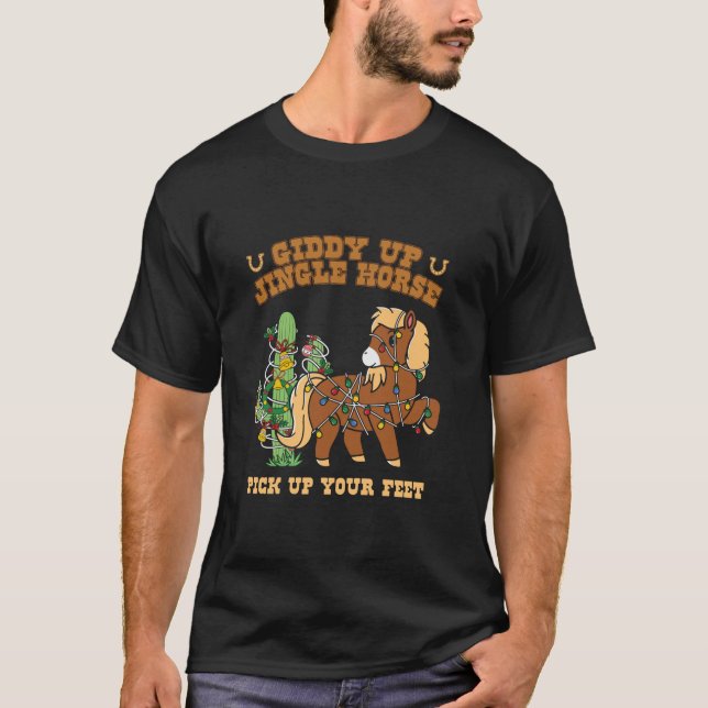 Camiseta Vaqueiro Ocidental Natal Giddy Up Jingle Horse Mer (Frente)