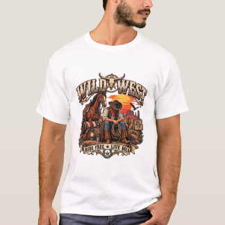 Camiseta Vaqueiro Selvagem do Oeste Antigo Cavalo Longhorn