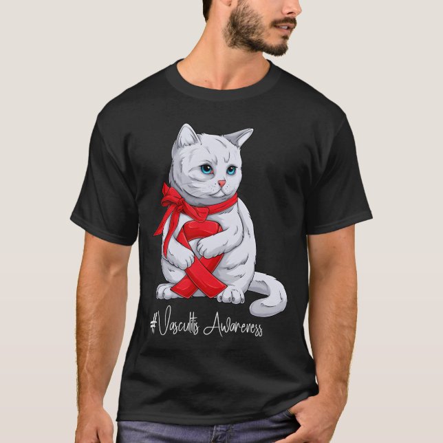 Camiseta Vasculitis Awareness Month Red Ribbon Cat funny (Frente)
