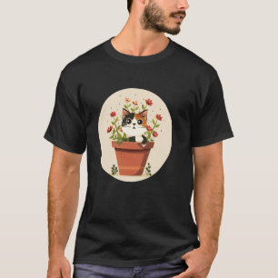 Camiseta Vaso de Flores Feliz com Gato e Plantas para jardi