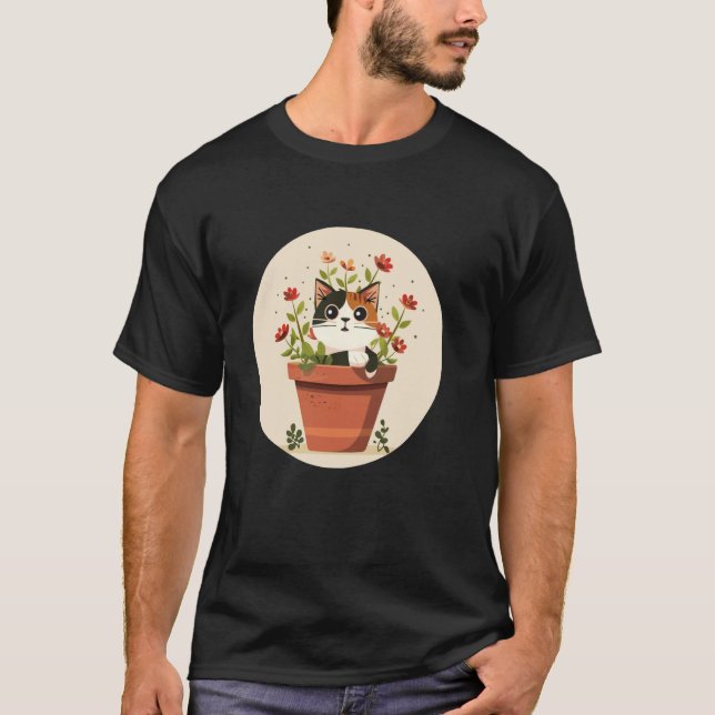 Camiseta Vaso de Flores Feliz com Gato e Plantas para jardi (Frente)