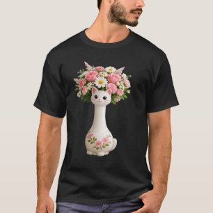 Camiseta Vaso de Gato com Pescoço Longo e Flores Rosas