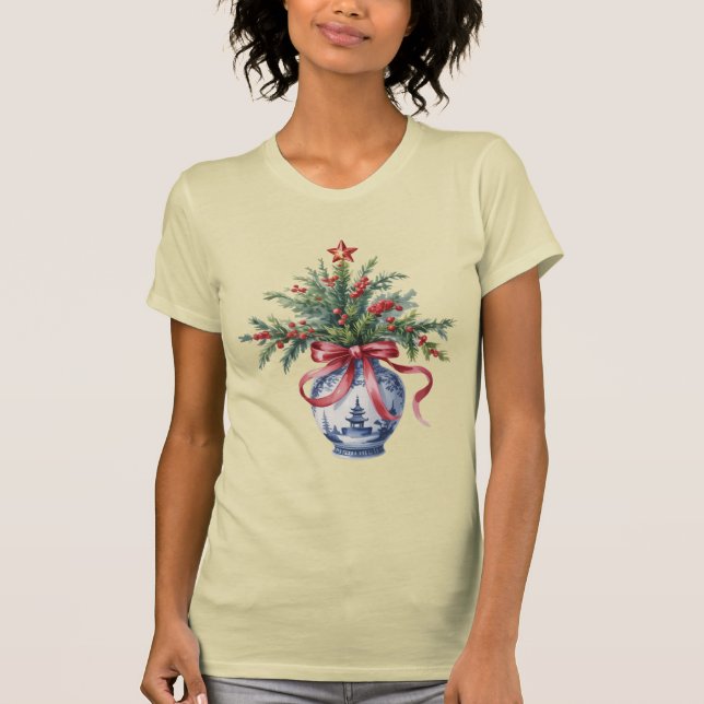 Camiseta Vaso de Natal com Árvore de Natal em Chinoiserie e (Frente)