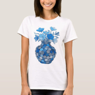 Camiseta Vaso Floral Azul Dinâmico com Design de Texto Azul