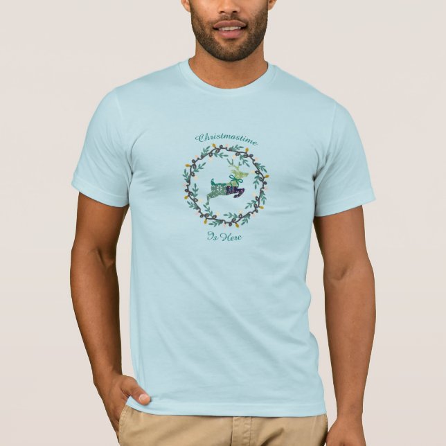 Camiseta Veado Alegre Natal com Coroa de Teal Masculino (Frente)