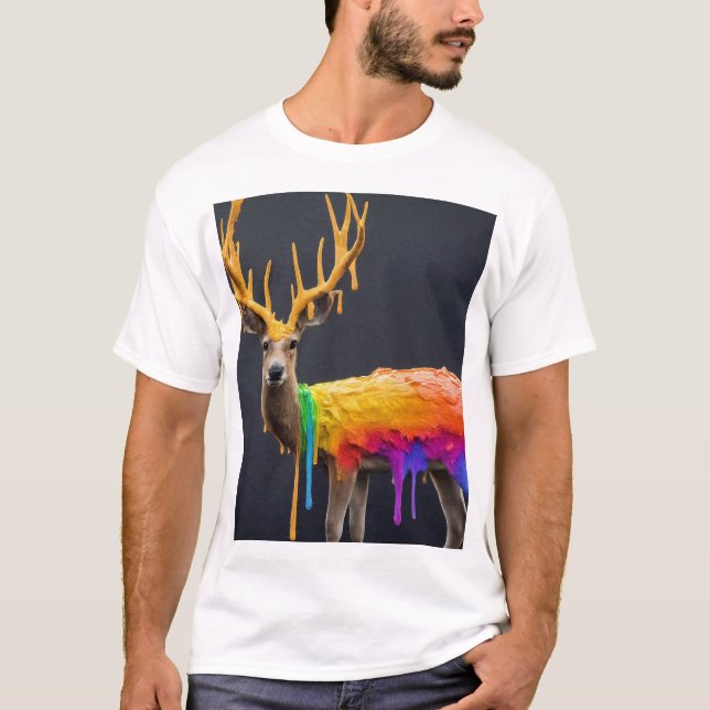Camiseta "Veado com Design de Arco-Íris: Negrito e Artístic (Frente)