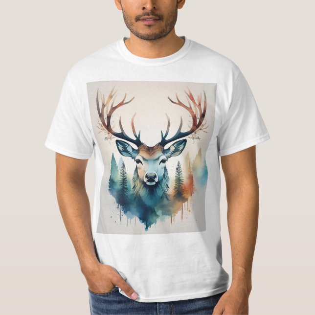 Camiseta Veado com galhadas e floresta (Frente)