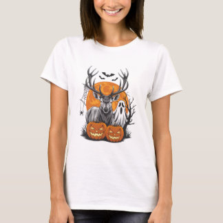 Camiseta Veado de Halloween Vintage com Fantasma e Abóbora