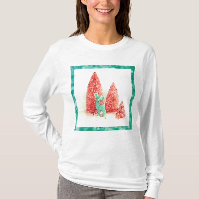 Camiseta Veado de Natal com Quadro Aqua (Frente)