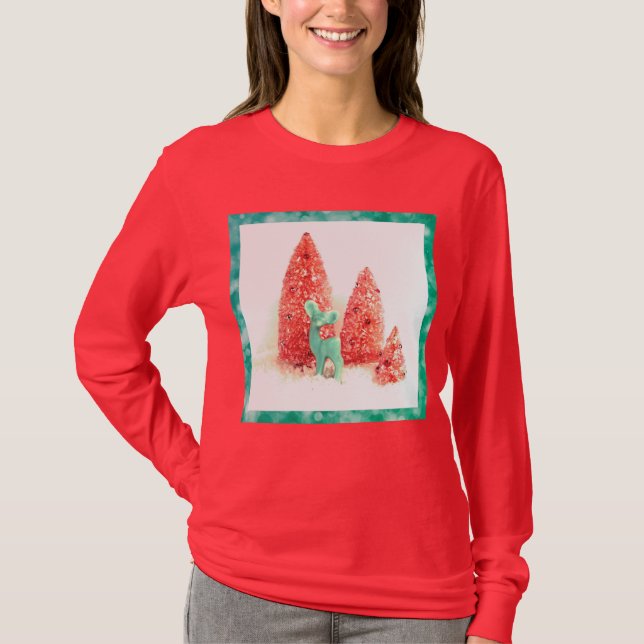 Camiseta Veado de Natal com Quadro Aqua Vermelho (Frente)