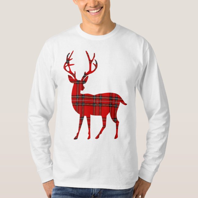 Camiseta Veado de Natal da Xadrez Vermelha Tartan (Frente)