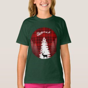 Camiseta veado do papai noel árvore de natal xadrez vermelh