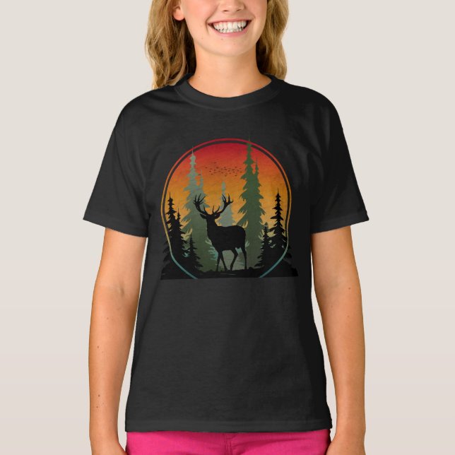 Camiseta Veado do pôr do sol Floresta da Natureza Animal (Frente)