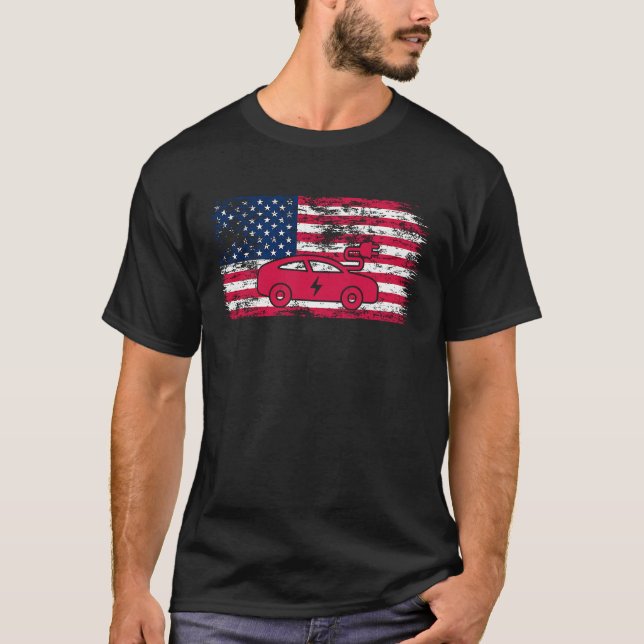 Camiseta Veículo Elétrico EV Bandeira Elétrica Americana Pa (Frente)