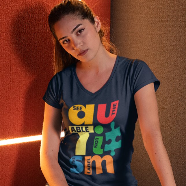 Camiseta Veja o Able Not the Label Autism Consciência (Autism See the Able Not Label Womens Navy Blue T-V-Neck Shirt)