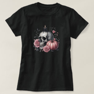 Camiseta Vela de Caveira Pastel Goth com Rosas e Abóbora Ch