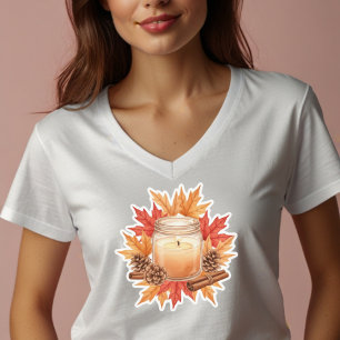 Camiseta Vela de Outono Aconchegante com Folhas de Bordo