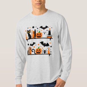 Camiseta Vela do Livro de Halloween do Gato Pumpkin Bat Spi