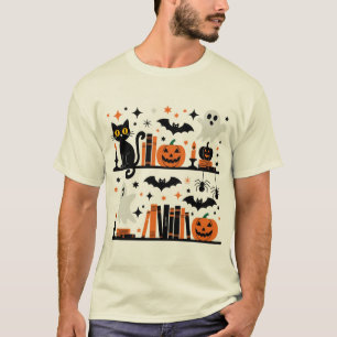 Camiseta Vela do Livro de Halloween do Gato Pumpkin Bat Spi
