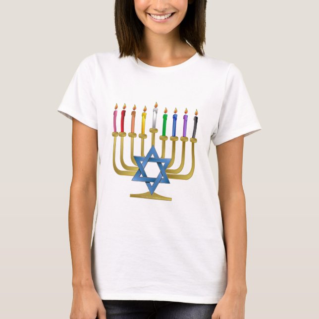 Camiseta Velas de Arco-íris de Hanuka Menorah Dourada (Frente)