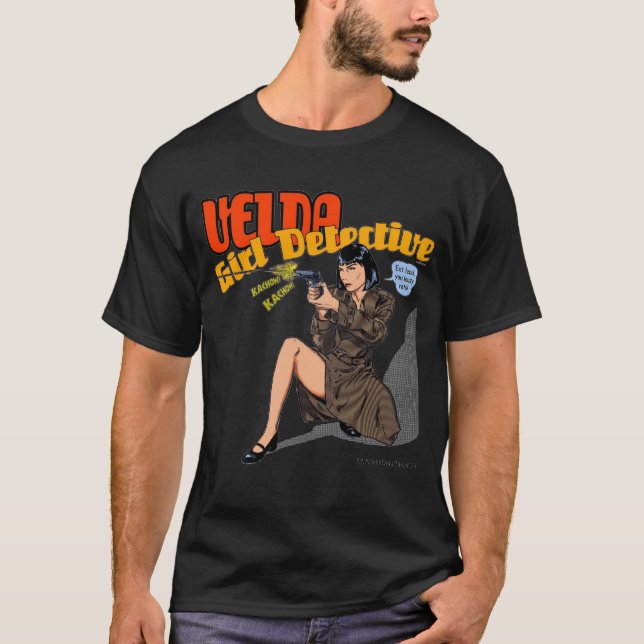 Camiseta Velda: T-shirt do preto do detetive da menina - (Frente)