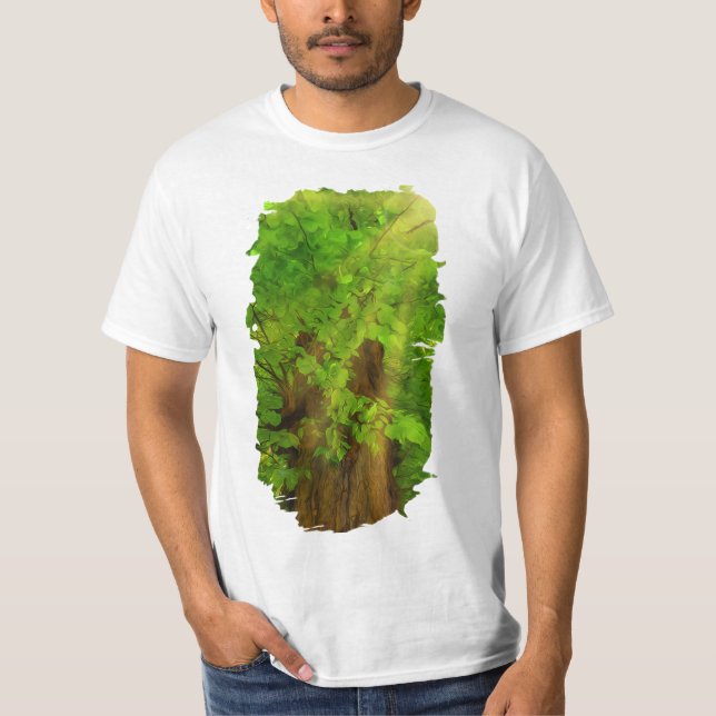 Camiseta Velha Árvore Espessa Ramifica Verde E Sol (Frente)
