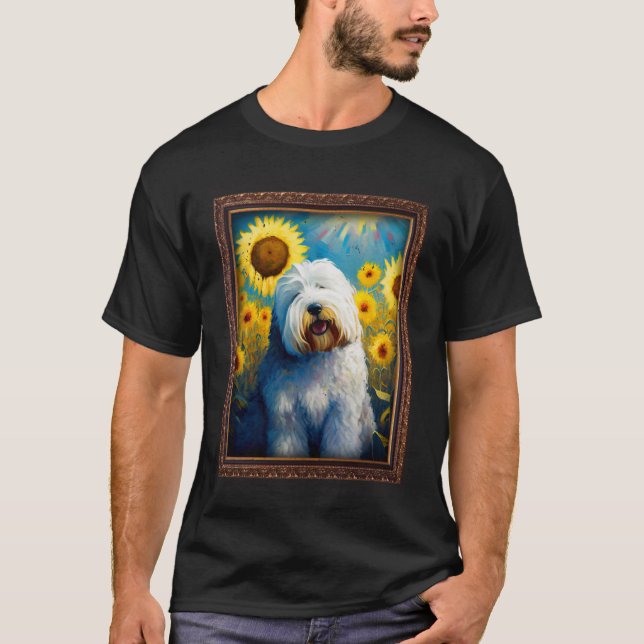 Camiseta Velha Cão-Ouro Pintando Flor de Girassol Mãe (Frente)