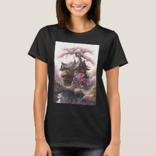 Camiseta Velho castelo japonês com flores de cereja pintada