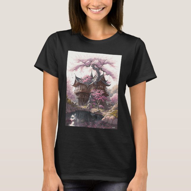 Camiseta Velho castelo japonês com flores de cereja pintada (Frente)