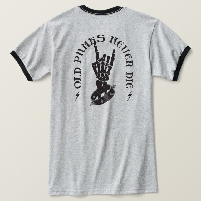 Camiseta Velhos Punhos Nunca Morrem Rocha Esqueletófica Em  (Verso do Design)