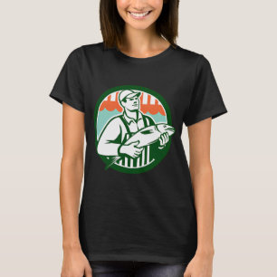 Camiseta Vendedor de peixes segurando círculo de peixe retr