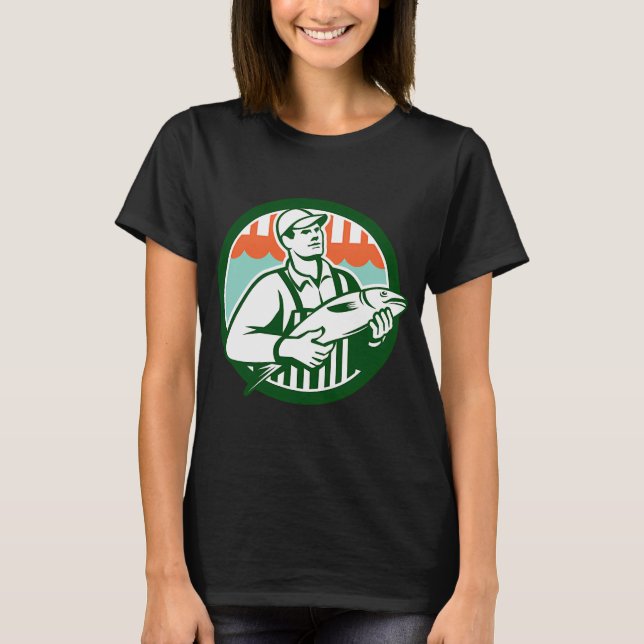 Camiseta Vendedor de peixes segurando círculo de peixe retr (Frente)