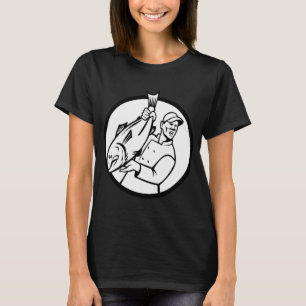 Camiseta Vendedor de Peixes Segurando e Vendendo Peixes Den