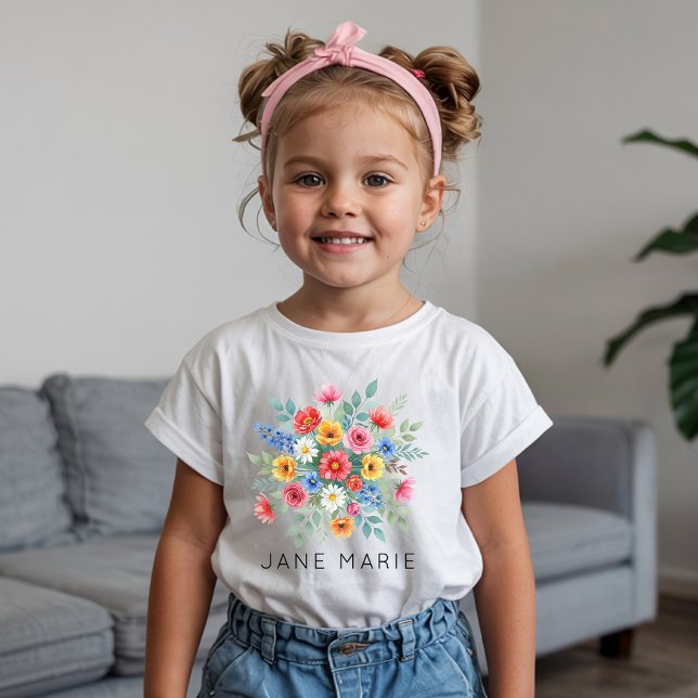 Camiseta Vendedora de Flores | Nome Personalizado Flor Silv (Flower Girl Proposal Custom Name T-Shirt | Boho Wildflower Garden Party Kids Apparel)