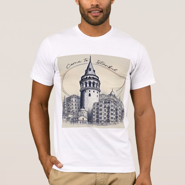 Camiseta Venha a Istambul | Arte de desenho da torre Galata (Frente)