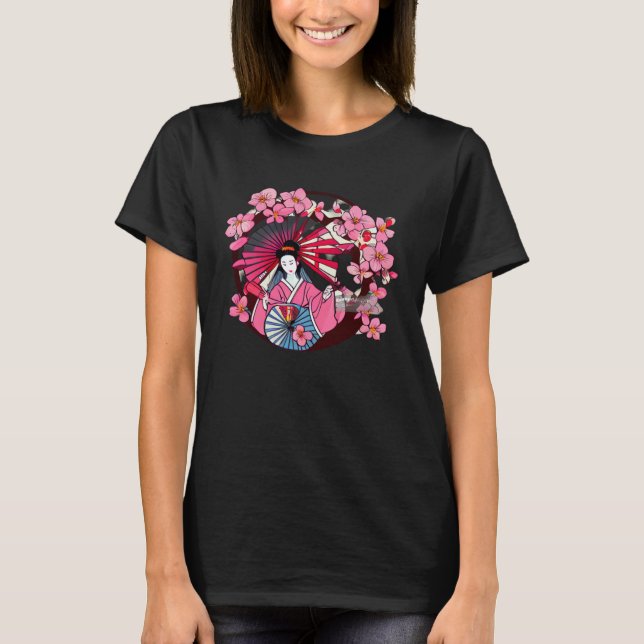 Camiseta Ventiladores da Geisha japonesa e flores de cereja (Frente)