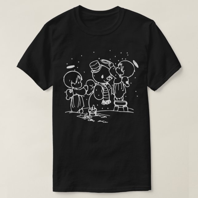 Camiseta Vento Natal Desenho Anjos Construindo Neve (Frente do Design)