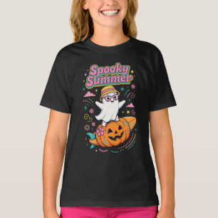 Camiseta Verão Assustador de Fantasma Surfando Abóbora Trop