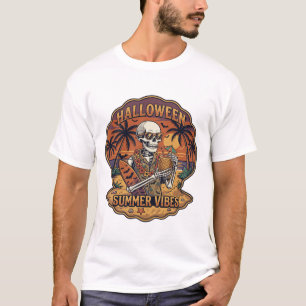 Camiseta Verão de Halloween Vibes Esqueleto Óculos de Sol S