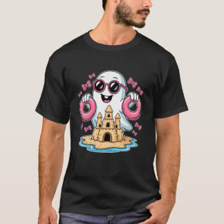 Camiseta Verão Divertido de Halloween Gato Fantasma Praia C