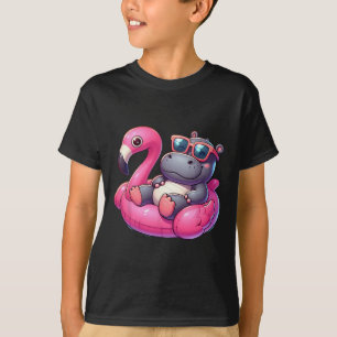 Camiseta Verão Engraçado Hipopótamo Rosa Festa na Piscina H