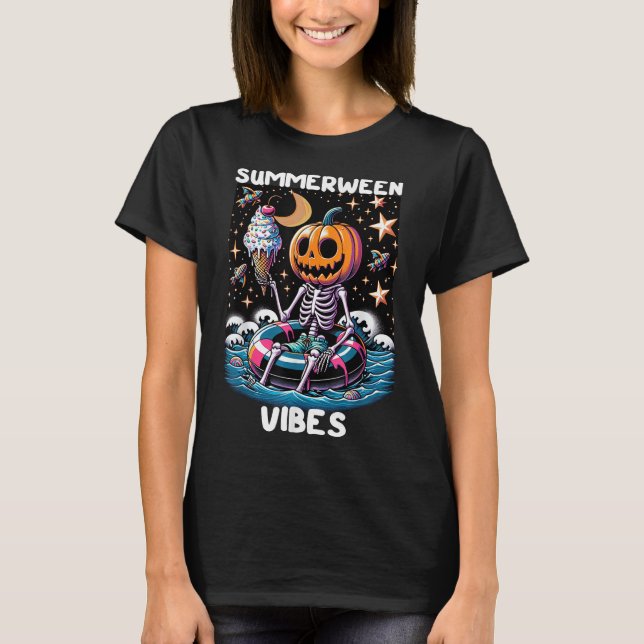 Camiseta Verão Halloween Engraçado Esqueleto De Gelo (Frente)